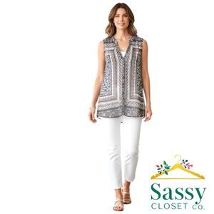 SUSAN GRAVER Floral Tunic Top S EUC Gray Sheer Button Front Sleeveless